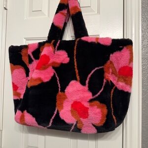 CAbi Black and Pink Floral Faux Fur Tote